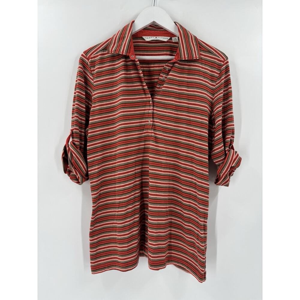 Tommy Hilfiger Shirt Womens 1X Multicolor Striped Collared Roll Tab Sleeves Snap